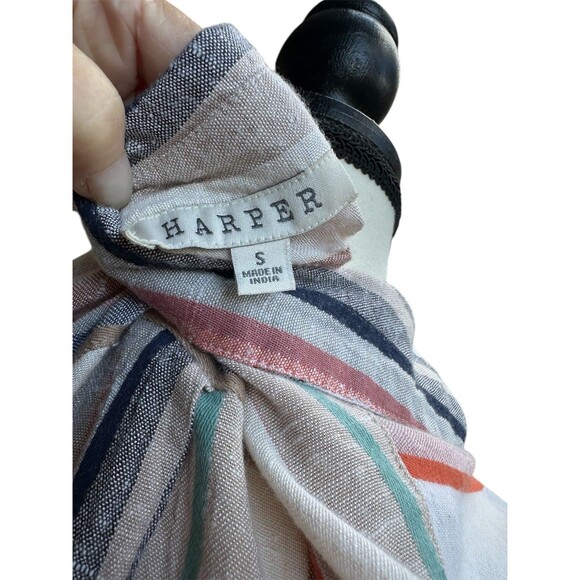 HARPER Linen Striped Button Up Tie Front Roll Cuff Sleeve Top Women's Size S - Picture 6 of 6